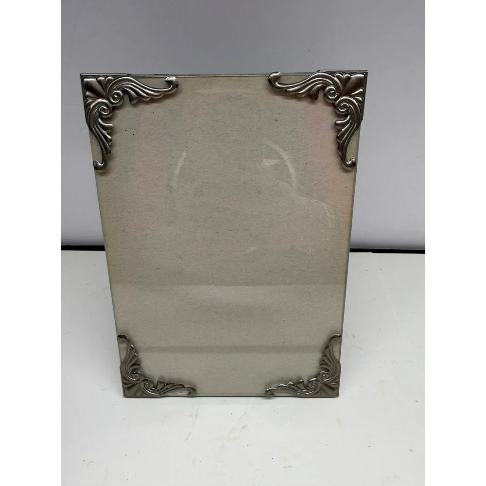 Vintage Glass Picture Frame Silver Scroll Filigree Corners 5x7 Tabletop Easel